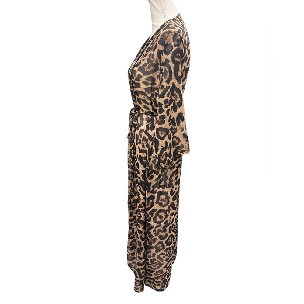 Leopard Print Sheer Duster Kimono Cardigan Tie Waist Boho Festival Large - Picture 5 of 6